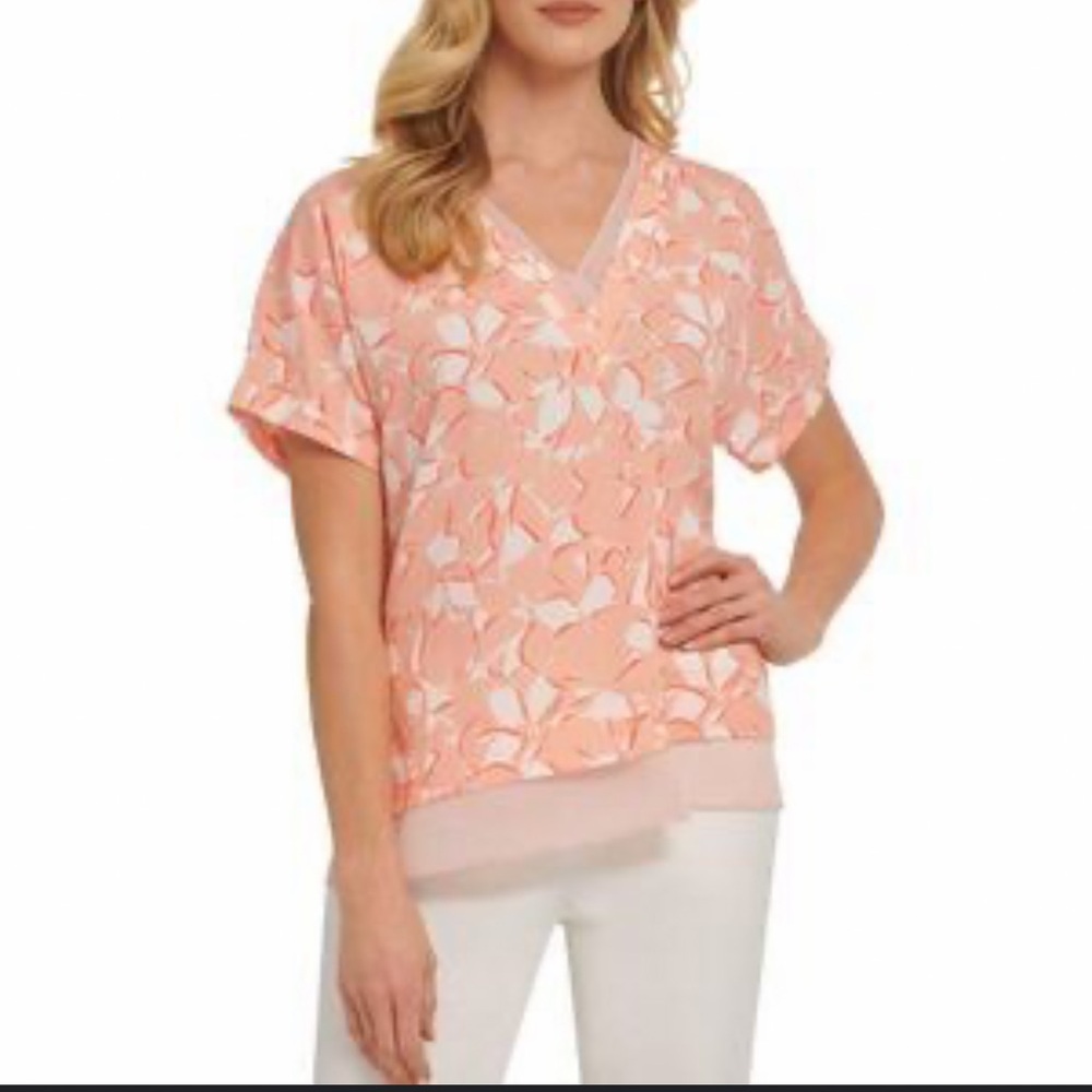 DKNY Women's Coral and White Floral Blouse